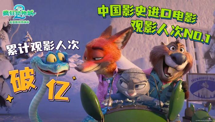 《疯狂动物城2》成为中国首部观影人次破亿进口电影,累计总票房近40亿元