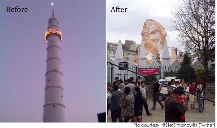 尼泊尔地标比姆森塔在8.1级地震中倒塌