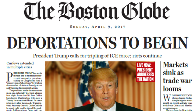 特朗普当总统后美国有多糟糕？《波士顿环球报》用伪头版告诉你