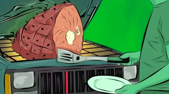 我用宾利车引擎盖做饭，一般开个十五分钟就烤熟了