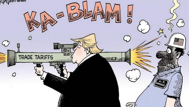 贸易战,特朗普,美国总统,漫画家,华盛顿邮报,盟友,飞去来器,开火,后坐力,指挥刀