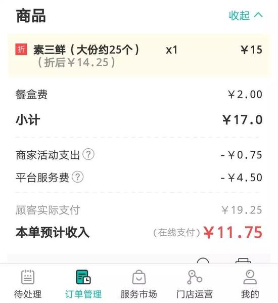 某商户一单外卖的收入情况