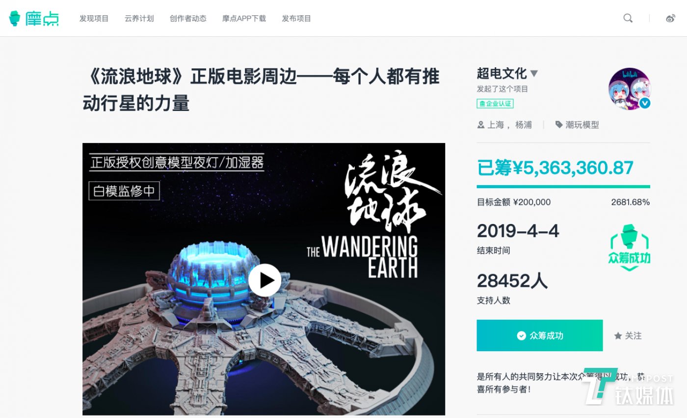 《流浪地球》电影周边在摩点网的众筹页面