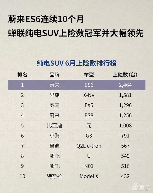 6月纯电SUV上险成绩：蔚来ES6近2500台蝉联冠军，哪吒汽车成最大黑马