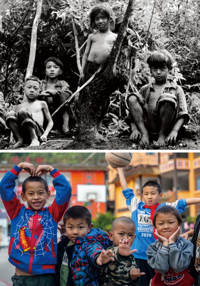 拼版照片上图:解放前的独龙族孩子(资料照片);下图:10月28日,独龙江乡九年一贯制学校的孩子面对镜头摆出各种造型(新华社记者胡超摄)。