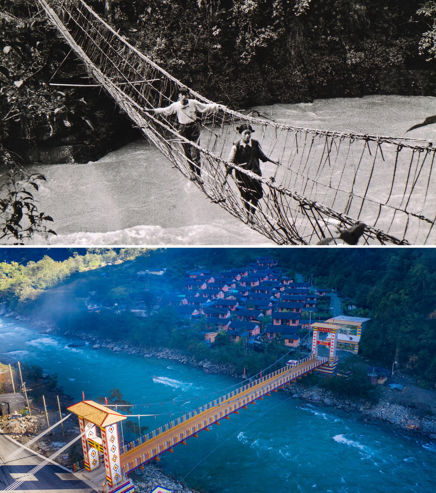 拼版照片上图:独龙族群众通过藤蔑桥(资料照片);下图:独龙江乡白来感恩大桥(10月29日摄,无人机照片,新华社记者胡超摄)