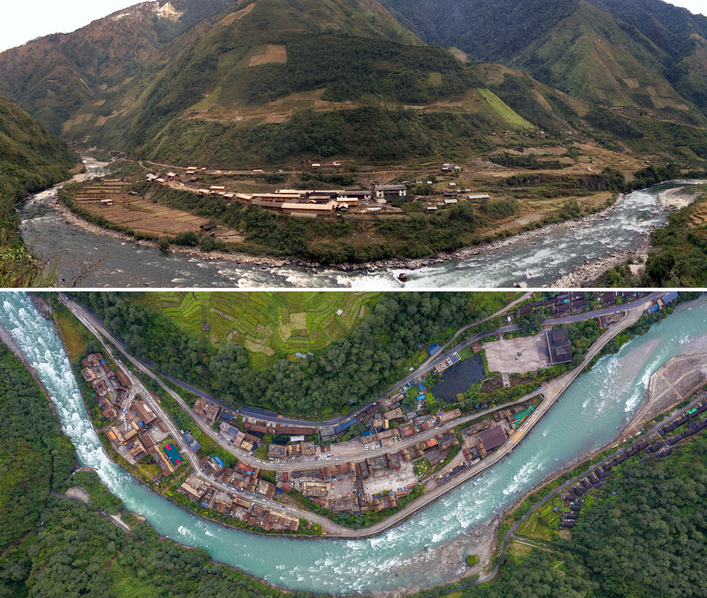 拼版照片上图:2001年拍摄的独龙江乡孔当村(资料照片);下图:10月27日拍摄的独龙江乡孔当村(无人机照片,新华社记者胡超摄)。