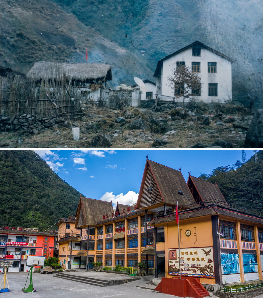 拼版照片上图:独龙江乡中心学校旧址(资料照片);下图:崭新的独龙江乡中心学校教学楼(10月31日摄,新华社记者胡超摄)