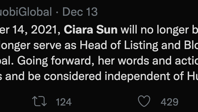 火币官宣原上币负责人离任并与其划清界限，Ciara Sun加入火币两年曾就职Bgogo、现任加密货币投资公司合伙人