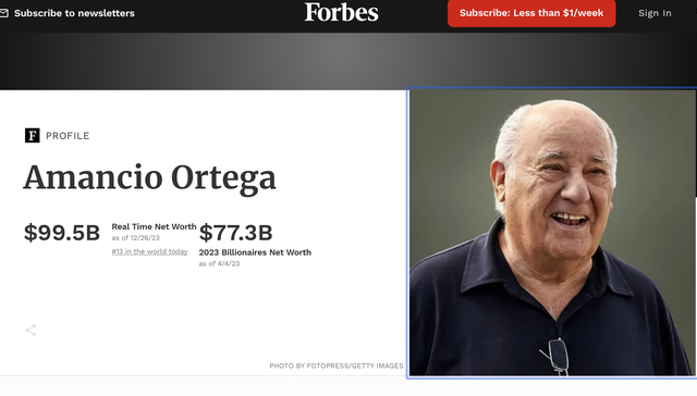 Zara创始人2023年财富暴涨两倍