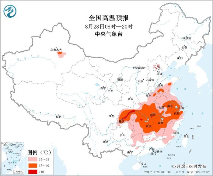 高温黄色预警继续：重庆中北部、湖南西北部等地局地可达40℃以上