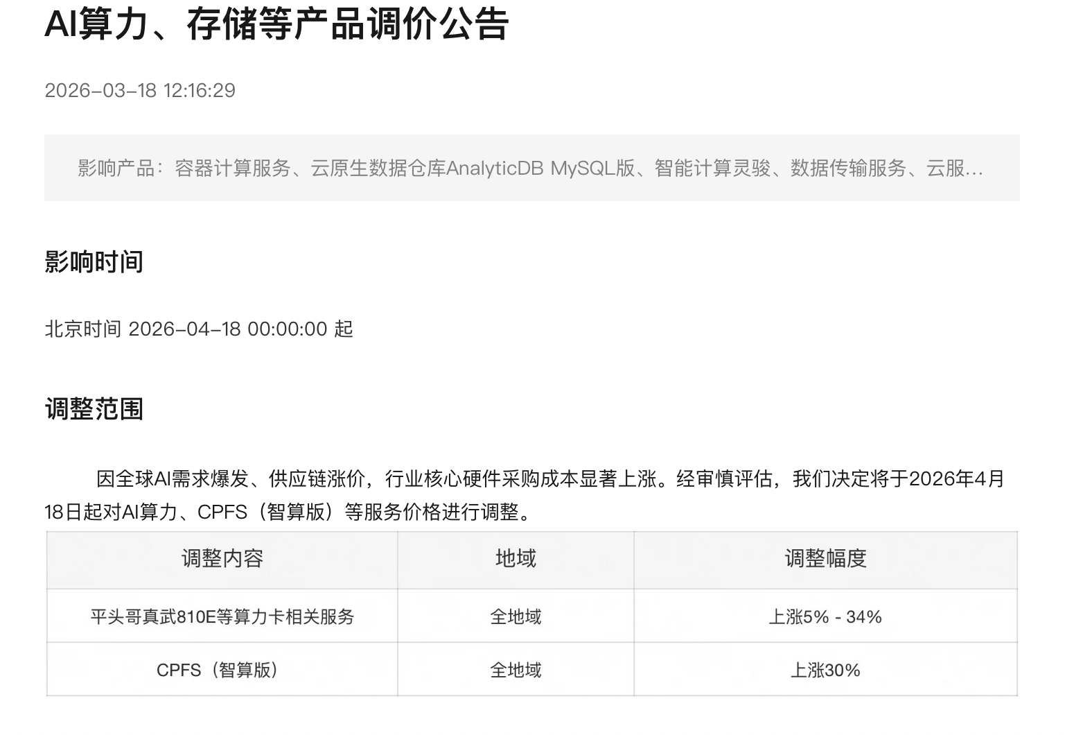 Token调用量暴涨，阿里云AI算力和存储产品最高涨价34%
