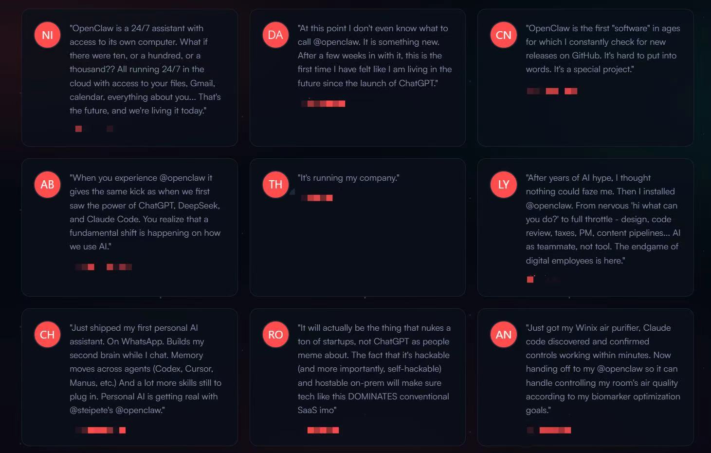 评论区中的“造富神话”。截图自OpenClaw官网