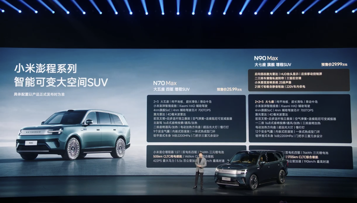 小米澎程;增程SUV;N70 MAX;N90 MAX;预售价25.99万元;预售价29.99万元