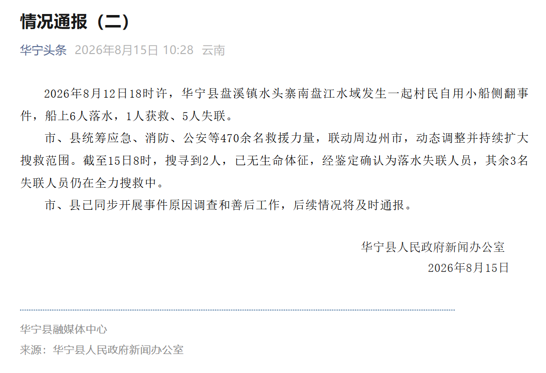 云南华宁通报“南盘江民船侧翻事件”：已搜寻到2名失联人员，无生命体征
