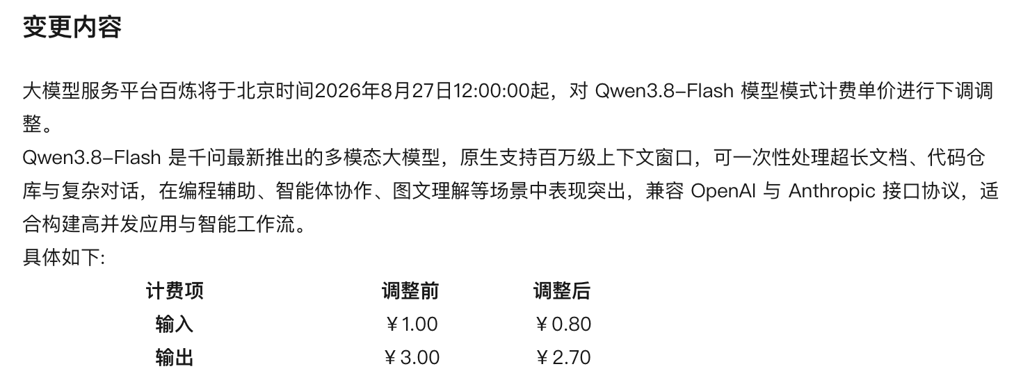 阿里云宣布Qwen3.8-Flash降价 输入每百万Token降至0.8元