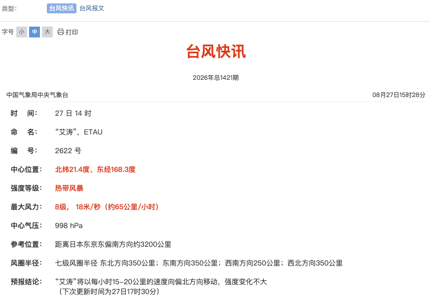 台风“艾涛”西太生成远距日本 对我国无影响强度维持热带风暴级