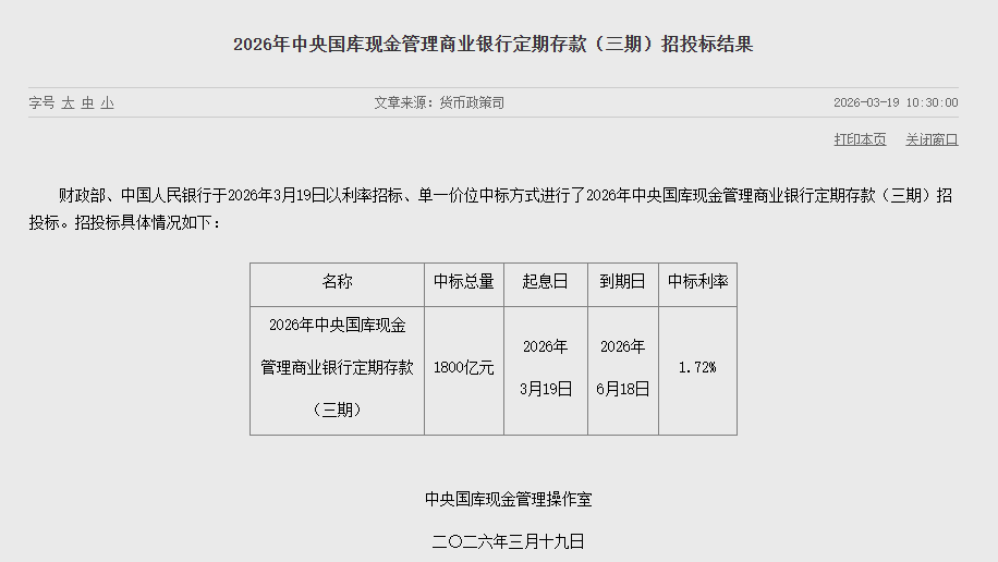 财政部、央行3个月期国库现金定存中标利率1.72%