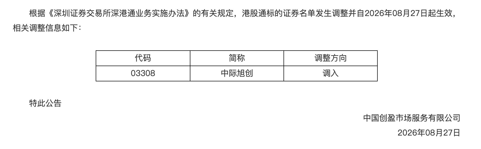 深交所：港股通标的证券名单调入中际旭创