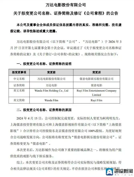 万达电影更名儒意：与电影行业一起，在暴风中寻找求生之路-锋巢网