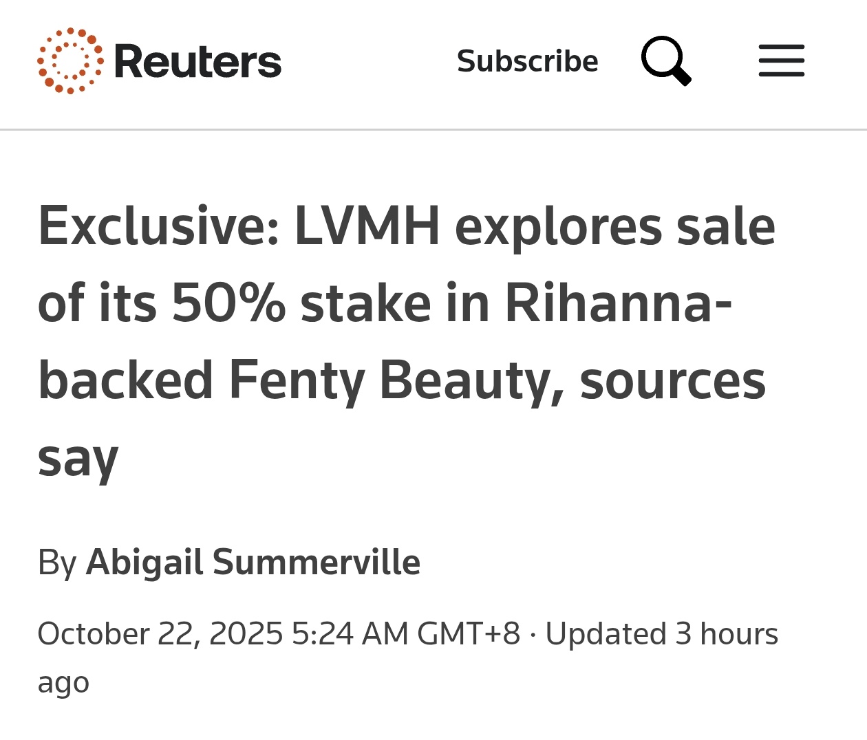 十月内第五起， LVMH考虑出售Fenty Beauty半数股份|界面新闻 · JMedia