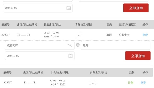 从迪拜直飞成都的航班计划3月8日执飞 机票飙升至3万多元